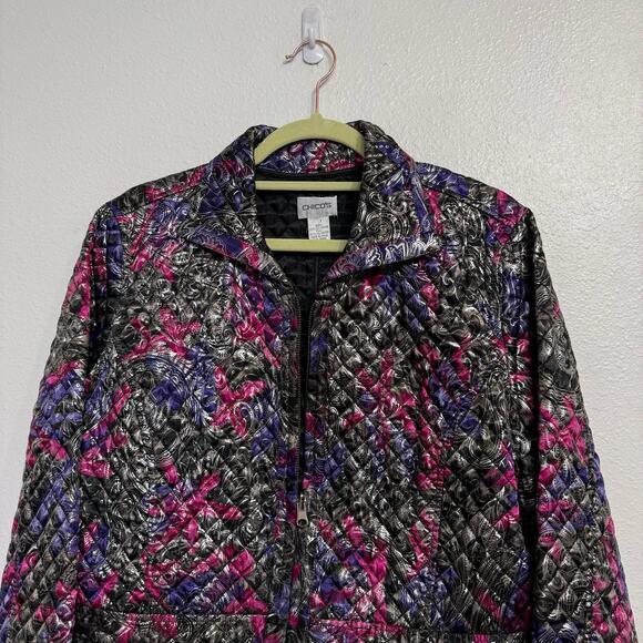 Chico's Metallic Shimmer Floral Paisley Quilted Full Zip Jacket Sz 2/L - Picture 3 of 14